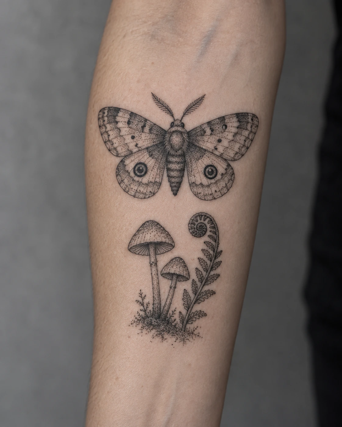 moth fern mushroom tattoo