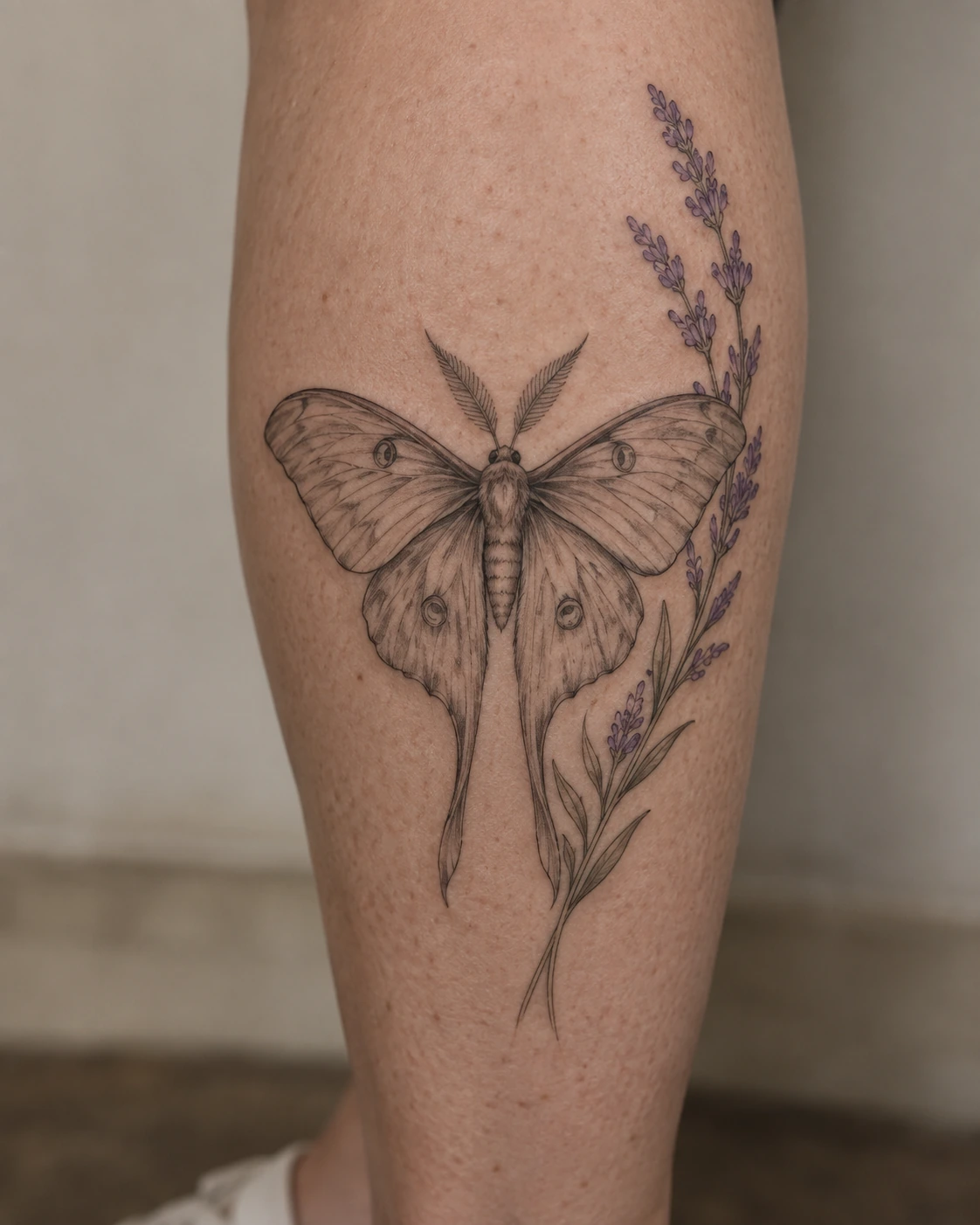Fine-line moth and lavender tattoo concept along the calf