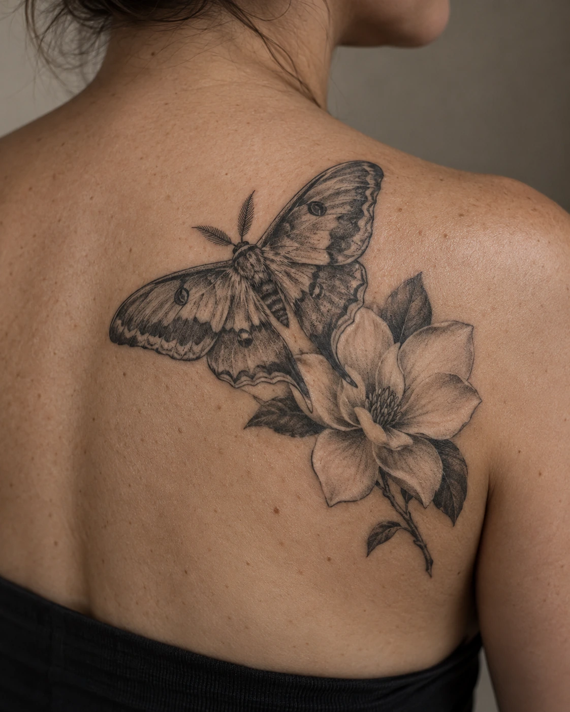 Shaded moth and magnolia tattoo concept on the shoulder blade