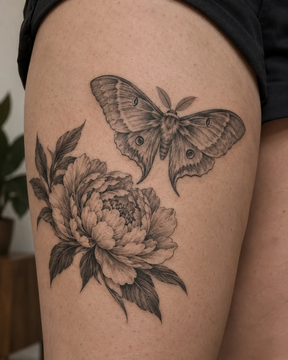 Black-and-gray moth and peony tattoo concept arranged diagonally on the thigh