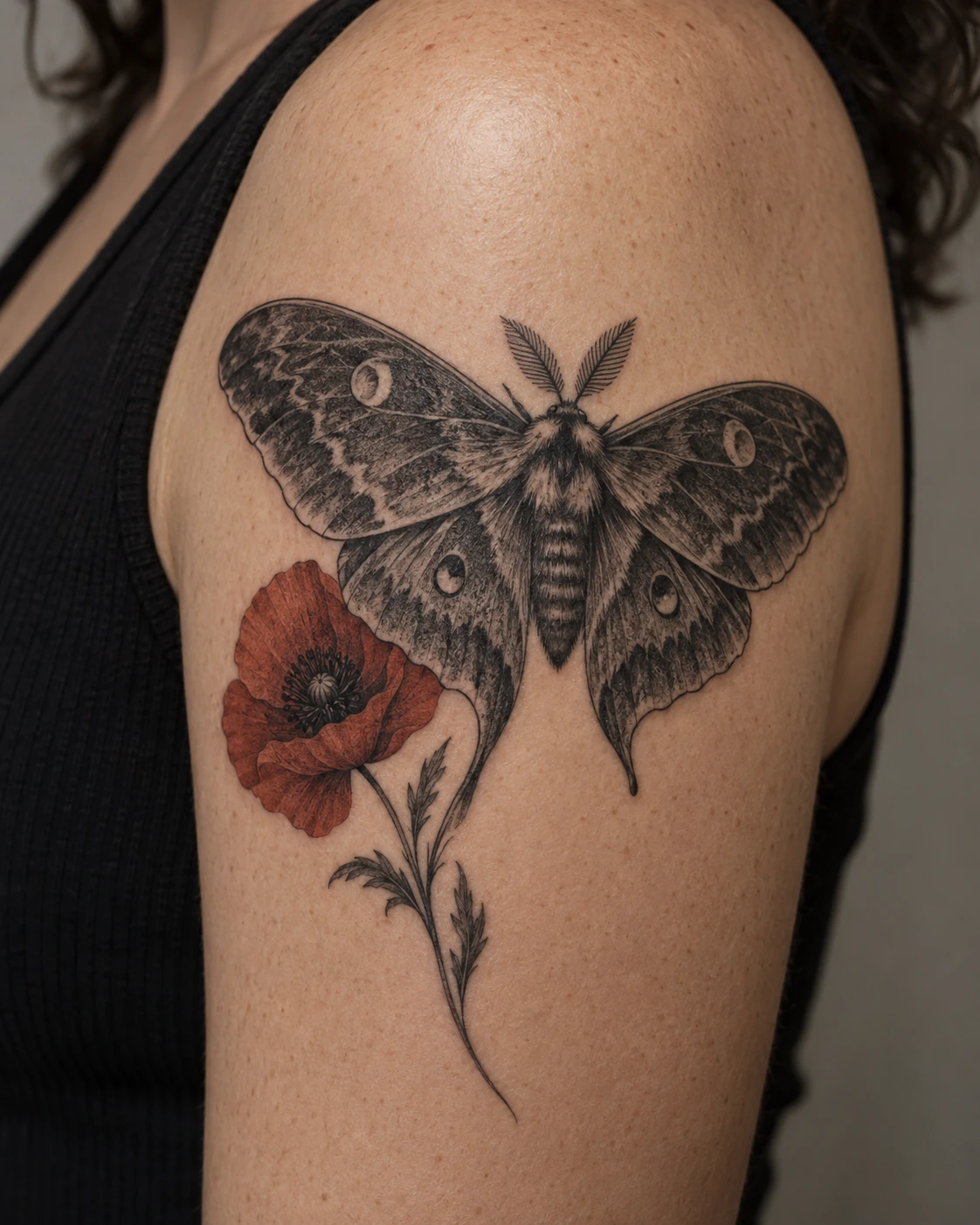 Black-and-gray moth tattoo concept with a rust-red poppy on the upper arm