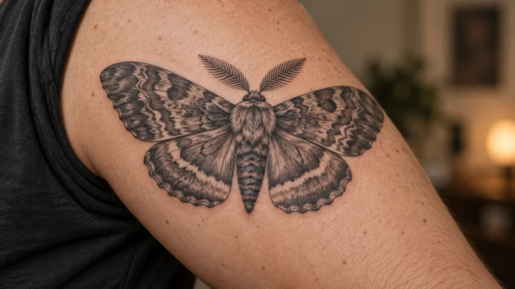Detailed black-and-gray moth tattoo concept with spread wings on the upper arm