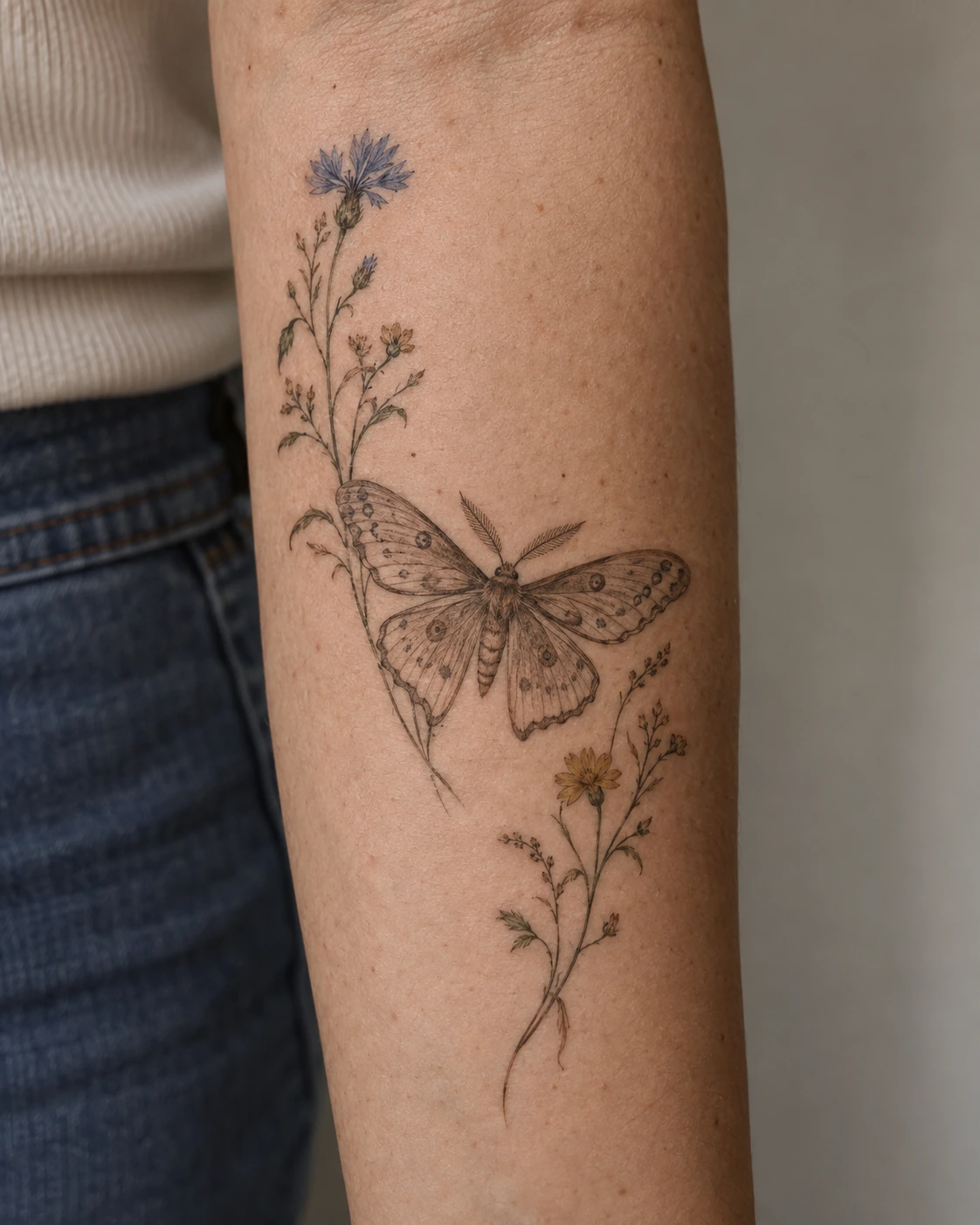 Taupe moth tattoo concept between blue and ochre wildflowers on the forearm