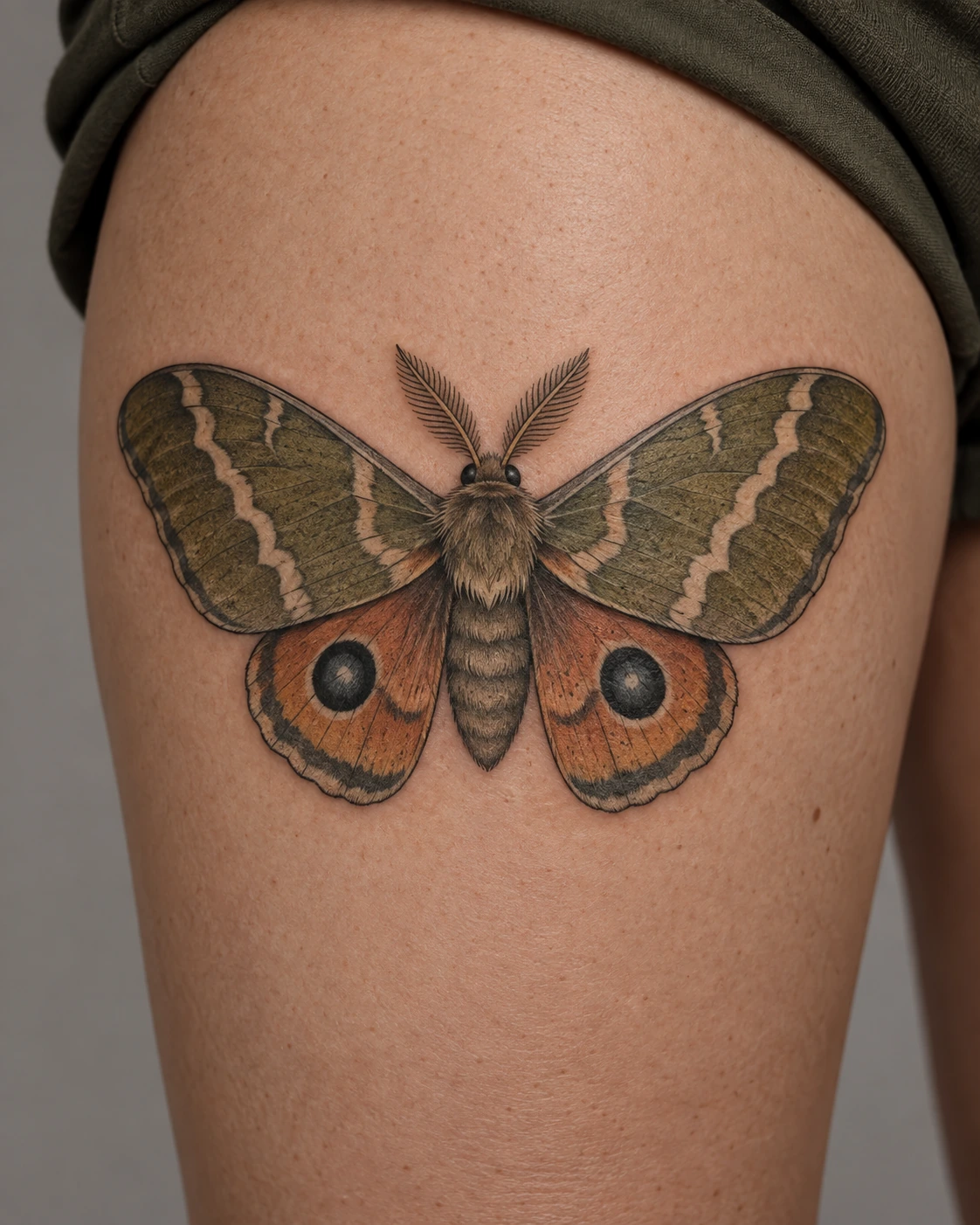 Olive and burnt-orange moth tattoo concept with cream wing bands on the thigh
