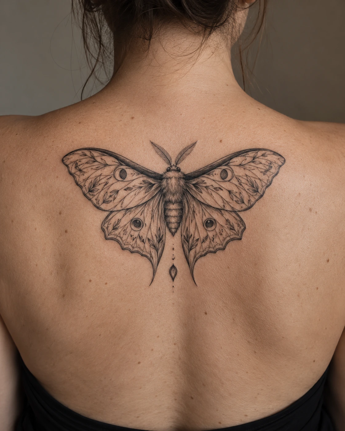 Ornamental moth tattoo concept with fine wing patterns on the upper back
