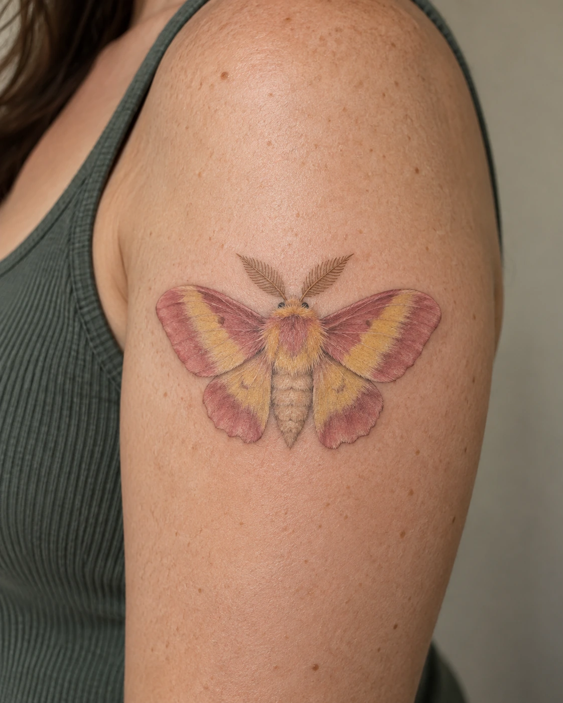 Pink and yellow moth tattoo concept with a softly shaded body on the upper arm