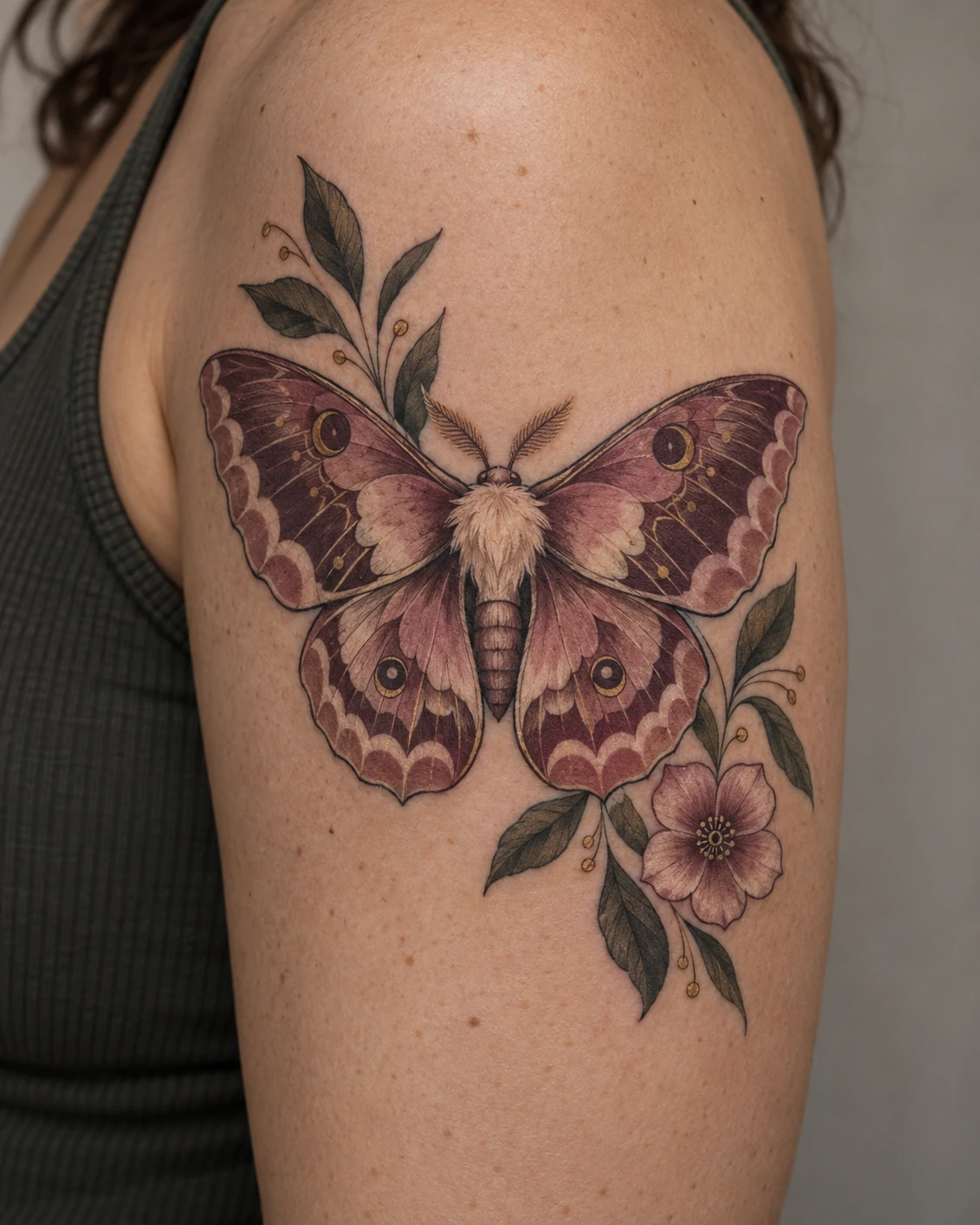 Plum and cream moth tattoo concept with a small pink flower on the upper arm