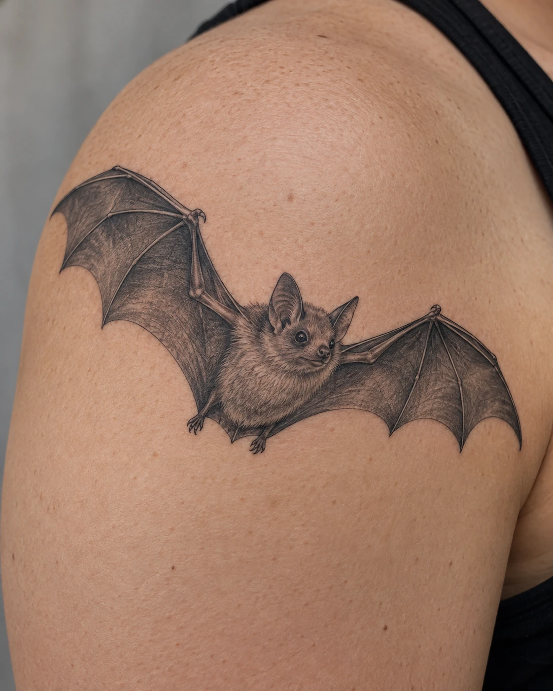 Black-and-gray bat tattoo with open wings on the shoulder