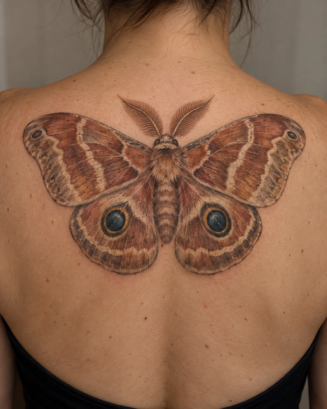 Amber and chestnut moth tattoo concept with two prominent hindwing eyespots on the back