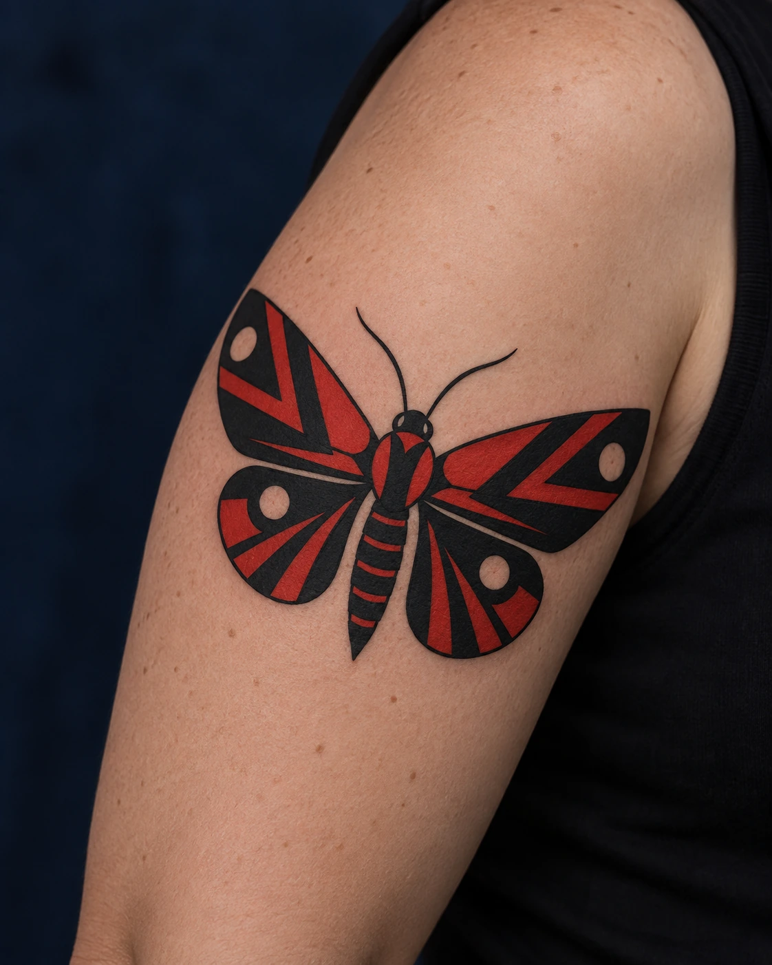 Red and black graphic moth tattoo with angular wing patterns on the upper arm