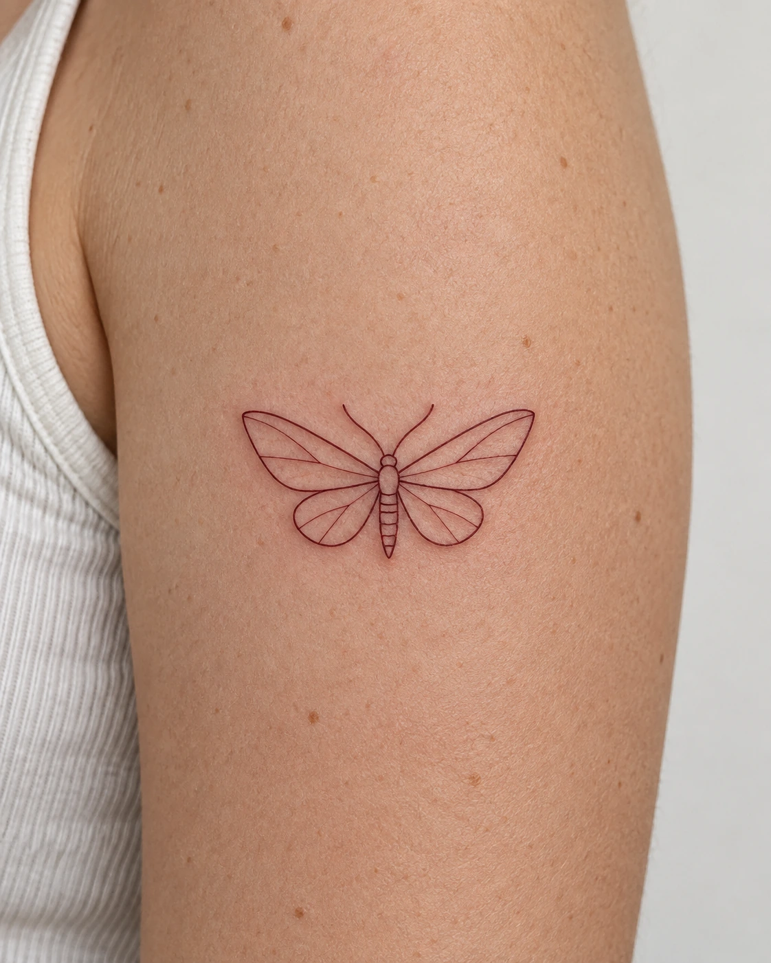 Minimal dark-red linework moth tattoo with sparse wing veins on the upper arm