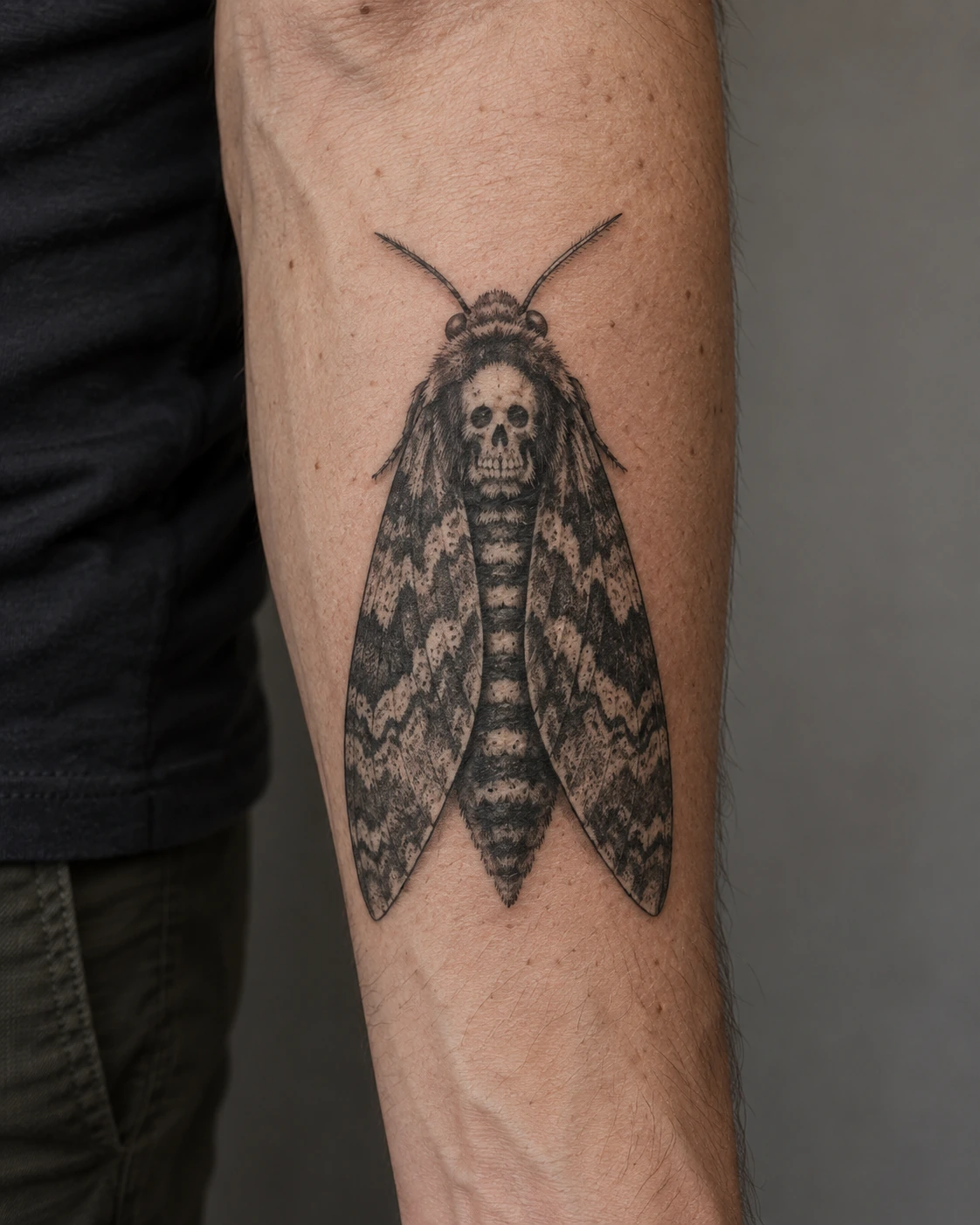 Resting death's-head moth tattoo concept with folded wings on the outer forearm