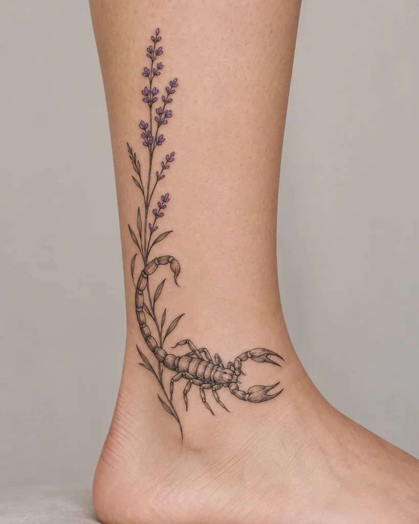 scorpion lavender fine line tattoo