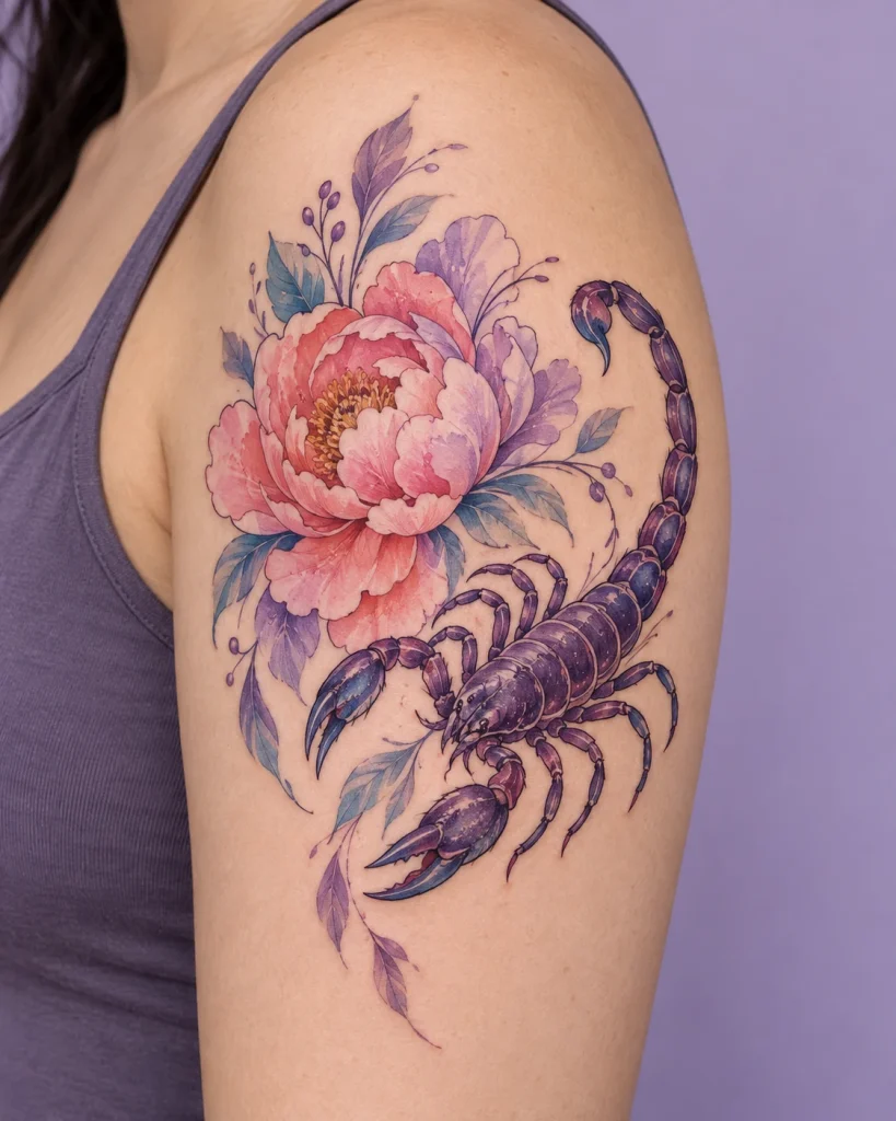 scorpion peony watercolor tattoo