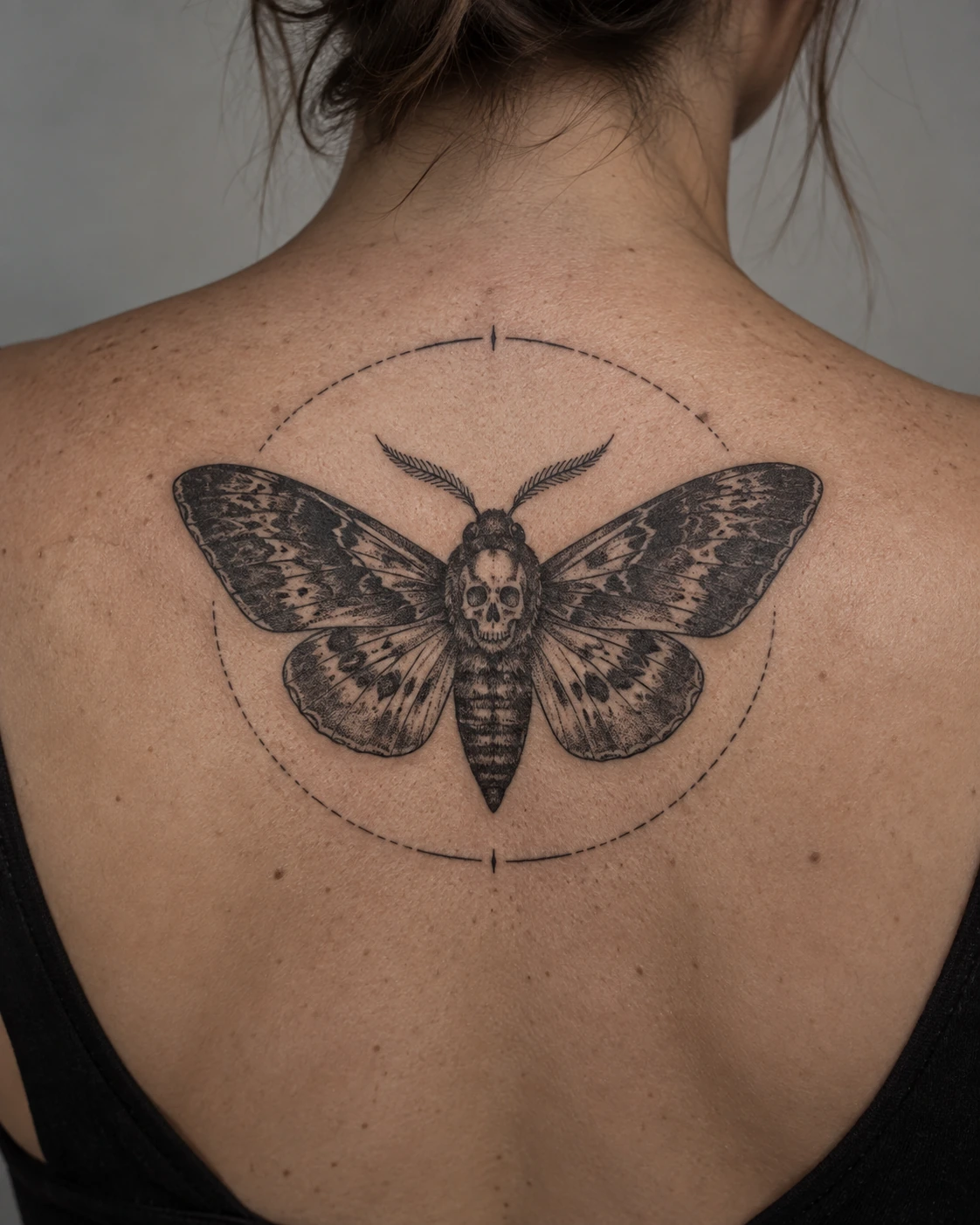Black-and-gray skull moth tattoo inside a broken oval frame on the upper back