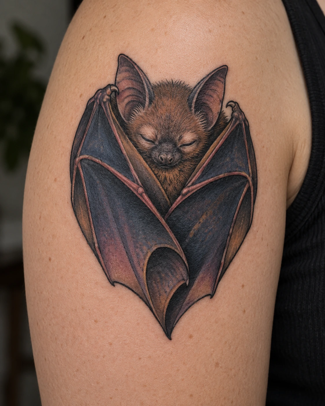 Sleeping bat tattoo framed by heart-shaped folded wings on the upper arm