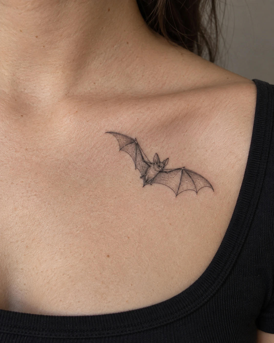 Small fine-line flying bat tattoo below the collarbone