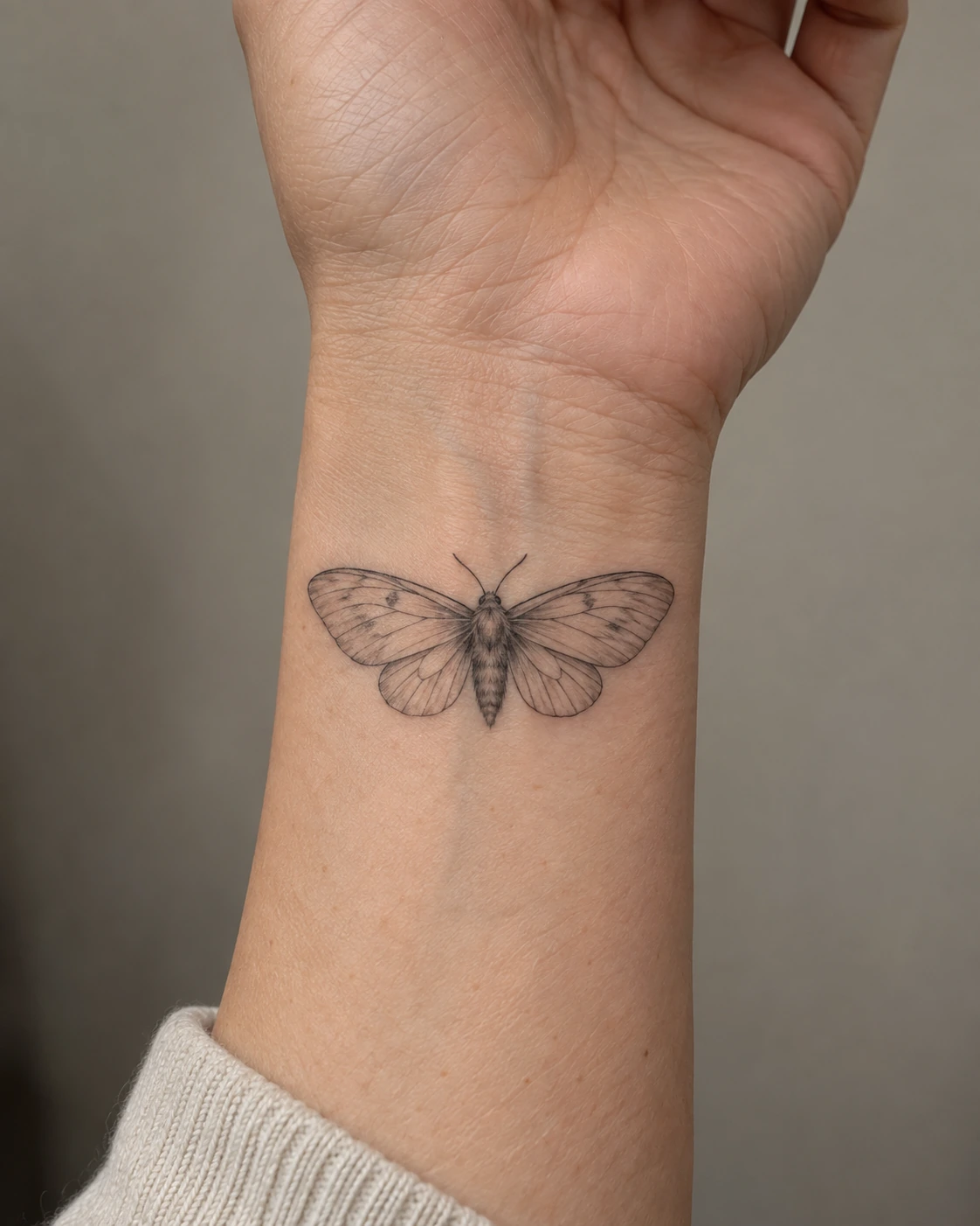 Small fine-line moth tattoo concept with open wings on the inner wrist
