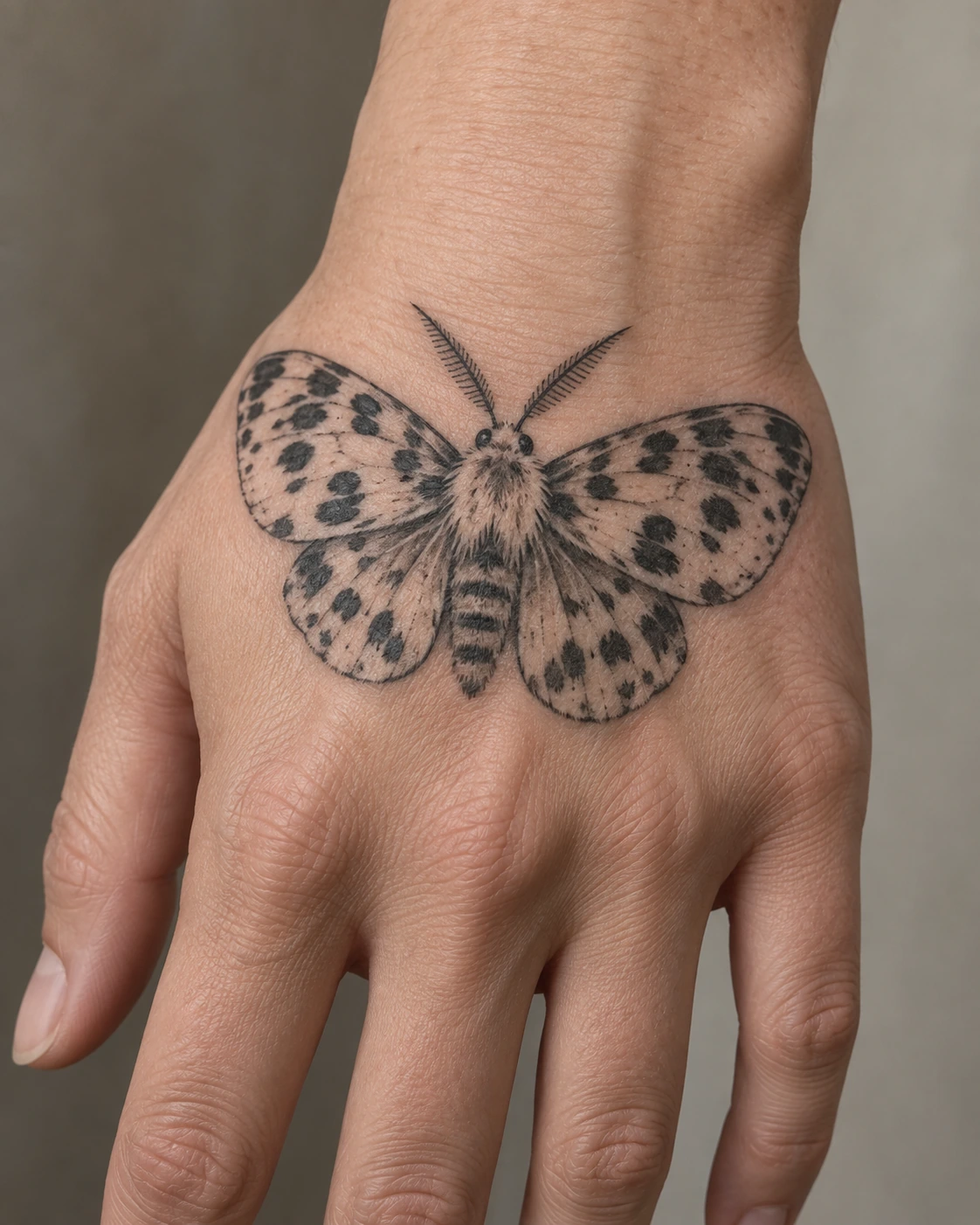 Pale spotted moth tattoo concept on the back of the hand