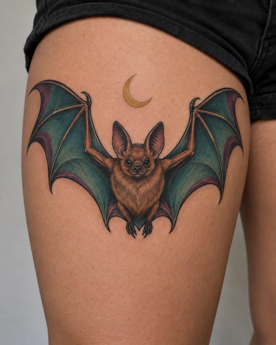 Teal and plum bat tattoo beneath a crescent on the thigh