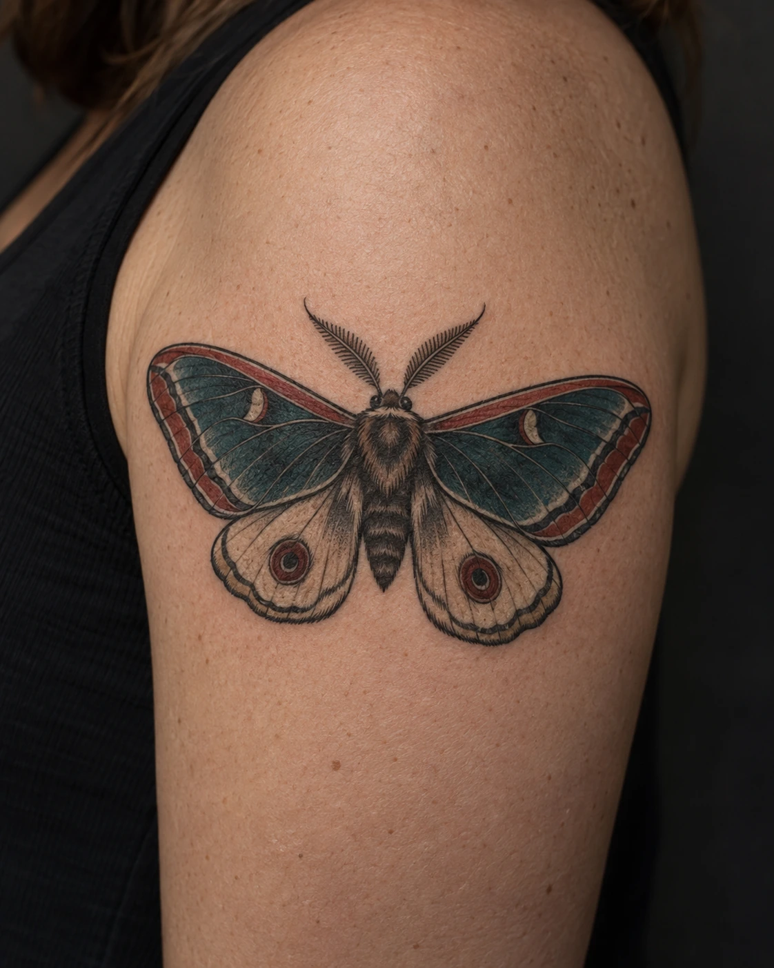 Teal and ruby neo-traditional moth tattoo concept on the upper arm
