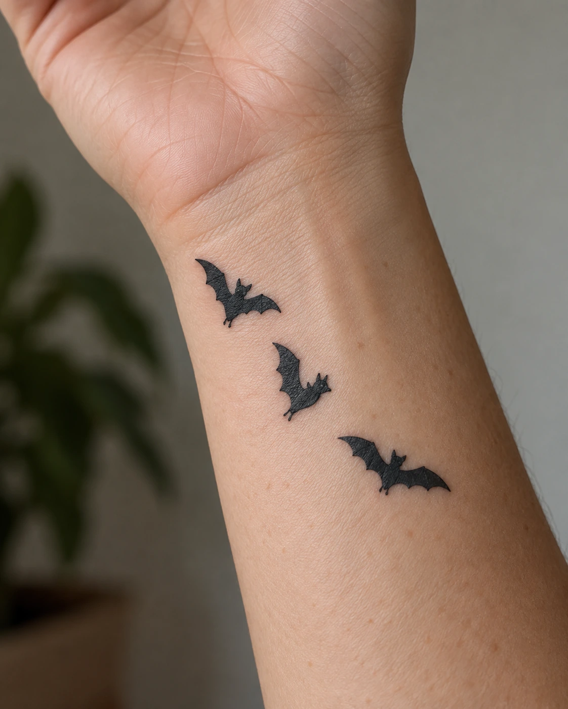 Three small black bat silhouettes curving along the wrist