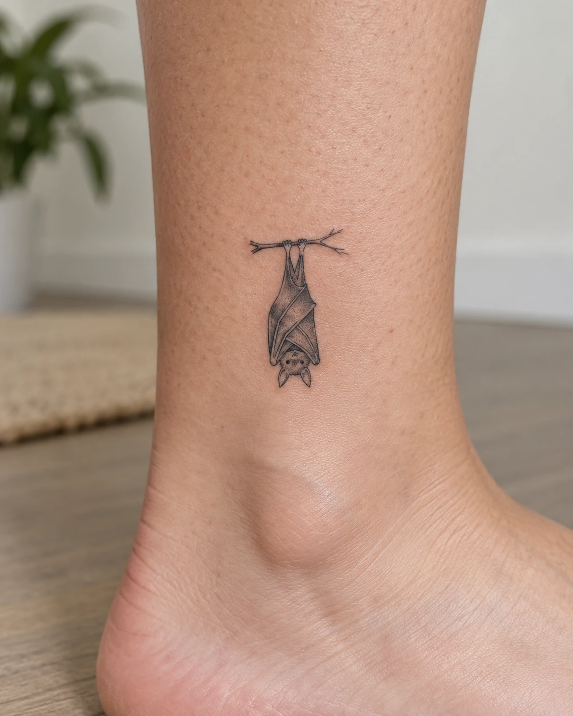 Tiny folded-wing bat hanging from a short twig above the ankle